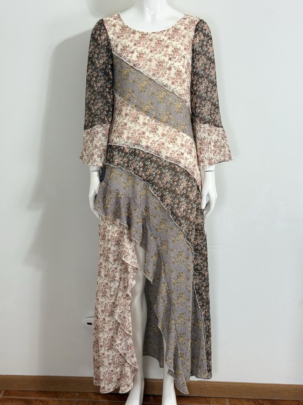 Y2K Floral Patchwork Women's Dress Fairy Cottagecore Boho Hippie Peasant Size S